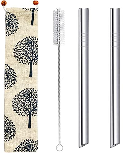 Lot de 2 pailles en acier inoxydable réutilisables extra larges de 12 mm pour thé aux mousses, smoothie, milkshake - Avec sac de transport et brosse de nettoyage - Pointe biseautée - Argenté