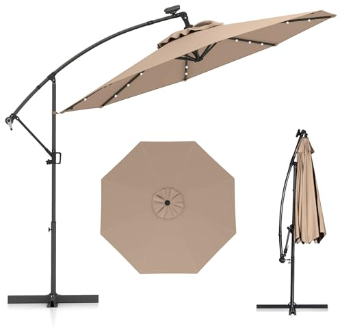 COSTWAY Ombrellone da Giardino 300 cm, 32 Luci LED Solari, Anti-UV, Inclinazione Regolabile, Manovella, 8 Stecche per Esterno Piscina Patio (Marrone)