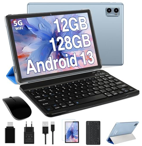 Oangcc 2025 Android 13 Tablette Tactile 10 Pouces 12Go RAM+128Go ROM (TF 1 to), FHD Tablettes avec 5G WiFi, 8 Cœurs, 2.0 GHz, Widget, 6000mAh, BT 5.0, 5+8MP, Tablette avec Clavier et Souris - Bleu