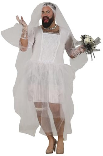 FIESTAS GUIRCA Sexy Braut JGA Männer Kostüm – Weißes Hochzeitskleid u. Schleier Junggesellenabschied Männer Kostüm – Brautkleid Lustiges Herren Kostüm Karneval Fasching Größe S 46-48