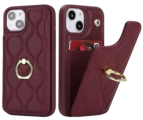 SailorTech iPhone 13 Mini Case with Card Holder for Women, iPhone 13 Mini Phone Case Ring Stand with Kickstand Credit Card Cute and fashionable Case for iPhone 13 Mini - Burgundy
