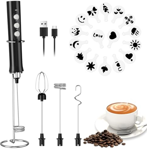 FITNATE Espumador de Leche Portátil, Batidor de Leche Eléctrico Recargable con 3 Velocidades y 2 Batidores de Acero Inoxidable, para Café, Chocolate Caliente, Latte, Cappuccino