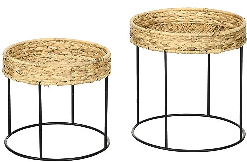 HOMCOM Lot de 2 Tables gigognes Tables Basses Rondes Style bohème Plateau en Jacinthe d'eau tressée et piètement Rond en Acier Noir
