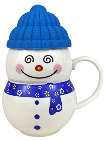 Christmas Cup Snowman Ceramic Coffee Mug with Lid Hot Cold Drink Festive Ornament Tableware Teacup (Blue)