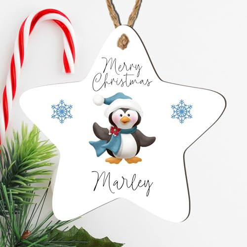 Personalised 'Merry Christmas' Tree Bauble - 8 Designs to Choose from - Custom Name Decorations - Holiday Keepsakes - Gift for Kids, (Mdf Wood Indoor Use Only, Penguin with Blue Scarf)