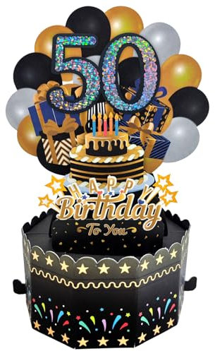 50.Pop Up Geburtstagskarte,Schwarze Gold Grußkarte 50er Geburtstag 3D Popup Karten Glückwunschkarte mit Umschlag Frauen Männer Geschenkideen