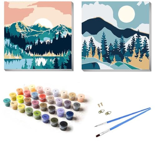 UNIQUORS Lot de 2 peintures par numéros avec cadres - Paysage - Montagnes - Peinture par numéros - Adultes et enfants - Pour décoration de la mainson - 20 x 20 cm