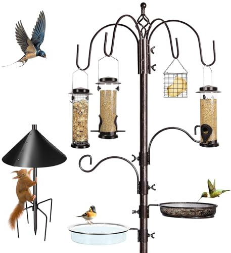 YINGYM 6-Hook Bird Feeding Station Kit Wild Bird Feeder Stand Pole, Multi-Feeder Hanging Kit Stand with Water Bowl, Mesh Tray and Squirrel Guard Baffle, 94 Inch