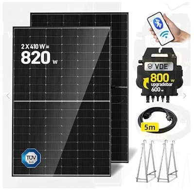 Estock1speed Kit panneau solaire de balcon photovoltaïque Plug&Play, 820 W modules solaires 2 x 410 W + onduleur pour systèmes AP EZ1-M + câble CA 5 mètres + supports