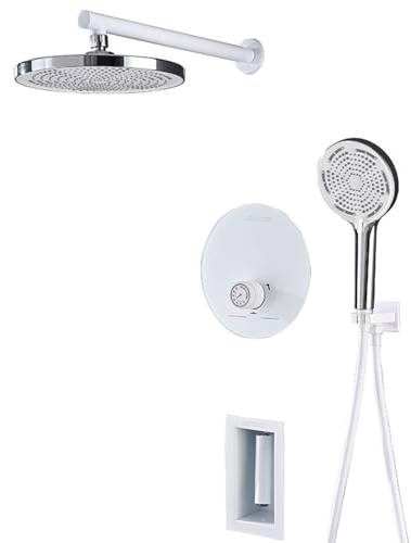 XJTNLB Duscharmatur Weiß mit Thermostat Runde 8 in Armatur Dusche Unterputz Duschsystem mit Thermostat 3 Modus Duschkopf mit Schlauch