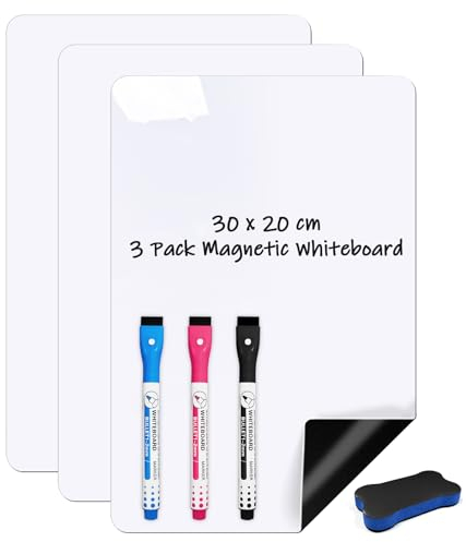 3 Stück Kleines Magnetisches Whiteboard für Kühlschrank, 30x20 cm Mini Magnettafel White Board für Küche, Whiteboard Folie für Familie Menü, A4 Magnetfolie Schreib tafel & 3 Stifte 1 Schwamm
