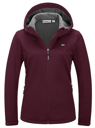 33,000ft Veste softshell imperméable et coupe-vent pour femme - Veste fonctionnelle doublée en polaire avec capuche - Veste de mi-saison coupe-vent pour le cyclisme, la randonnée, rouge bordeaux, 38