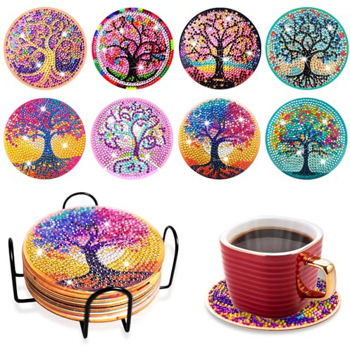 Fengguock 8 Stück Diamant Kunst Untersetzer Set mit Halter, Diamond Painting Serviertablett, Untersetzer Rund Magischer Baum Diamond Painting für Tassen, Weingläser, Vasen und Heimküche
