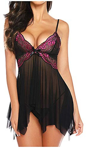 Nuisette Sexy Femme érotique Transparente Ouverte Chemise de Nuit Femme Grande Taille Bretelles ete Robe de Nuit Femme Courte Dentelle Dos Nu Babydoll Lingerie Sexy Femme Coquine Hot (Red, XL)