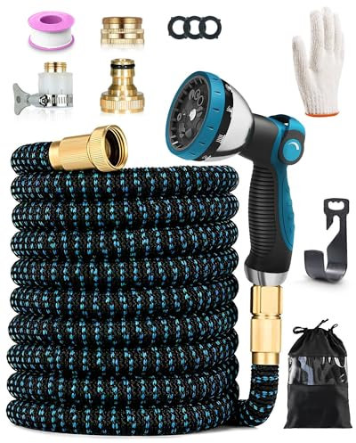 150FT Expandable Garden Hose, 2500D High Strength Polyester Silk TPE, Flexible Expanding Hose Pipes, 10 Function Spray Gun, with 1/2 & 3/4 Brass Fittings, No-Kink Flexible Garden Hose, Gardening