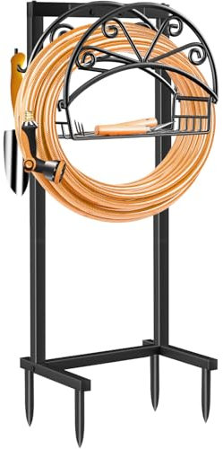 TomCare Gartenschlauchhalter, verbesserter Wasserschlauchhalter mit Aufbewahrungskorb, 2 Werkzeughaken, strapazierfähig, 4 Spikes, Schlauchtrommel, hält 45,7 m Schlauch, freistehender