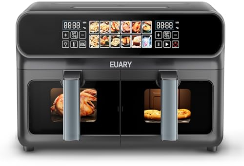 EUARY Friggitrice Air Fryer 9L Friteuse sans Huile 2 Compartiments XXL 2800W Grande Capacité, Friteuse sans Huile 2 Bacs Friteuse à Air, 12 Programmes de Cuisson, Écran Tactile, Fonction Rendez-vous