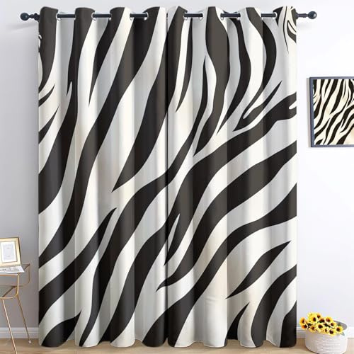 Srigzcaly Tier-Zebra-Druck Verdunkelungsvorhänge Kinderzimmer Schwarz Und Weiß, 2er Set Gardinen mit Ösen H214 x B91.5 cm, Wärmegedämmt Blickdichter Vorhang für Jungen Mädchen Schlafzimmer