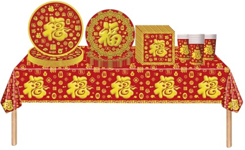 69Pcs Chinese New Year Party Tableware Set Red Blessing Plastic Table Cloth Paper Plates Napkins and Cups Happy 2025 Snake Year Supplies Dinnerware Spring Festival Decorations for Chinese New Year Eve