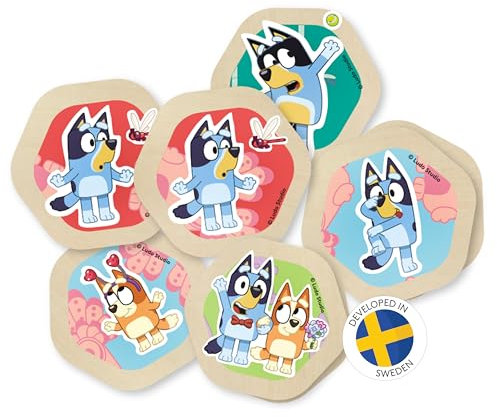 Bluey Memory ab 3 Jahre - Memory Spiel aus Holz mit 38 Karten, Bluey und Bingo Motive, Kinderspiele ab 3 Jahre zur Förderung der Konzentration, Bluey Spielzeug, offiziell lizenziert aus Schweden