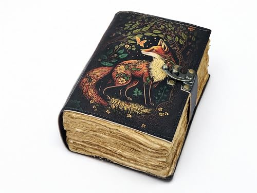 Fox Print Leather Journal Grimoire Notebook Book of Shadow Travel Notebook Vintage Deckle Paper Sketchbook (10 x 7 x 1.2)