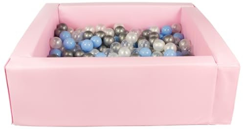 Velinda Piscine à balles carrée avec 300 balles, Cuir écologique, 5 éléments (Couleur de la Piscine/de balles: Rose Clair/Perle, Transparent, Bleu Clair, Argent)