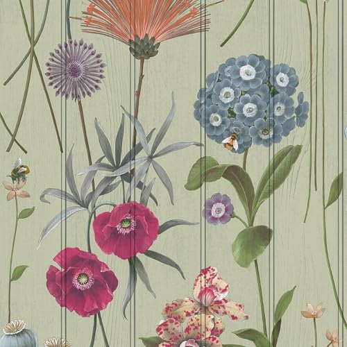 Botanist Floral Flower Themed Wallpaper on Wood Panel Effect Background Perfect for Dining Rooms, Bedrooms, Cottage Style Sage Green Belgravia 4773