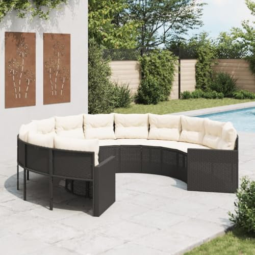 Homgoday Gartensofa mit Kissen Rund Schwarz Poly-Rattan Gartenlounge, Lounge Sofa, Balkon Lounge Balkonmöbel Gartenmöbel Loungemöbel