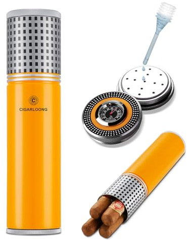 Custodia per sigari portatile in acciaio inox, per sigari, da viaggio, durevole, con igrometro e umidificatore, ideale per tubi per sigari da 3 a 4 sigari (giallo)