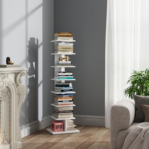 TUTOTAK Vertical Bookshelf, 8-Tier Bookcase, Narrow Spine Book Shelf for Small Space, Corner Standing Shelf for Living Room, Office, Study, Entryway, White BS06BW008EU