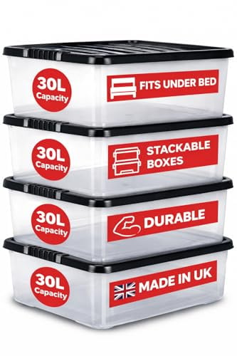 RelianceUK 4 X 30L Underbed Storage Boxes with Black Lids – Clear Plastic Storage Boxes 30 Litres - Nestable Stackable Multipurpose Under Bed Storage Containers for Bedroom, Home & Office Organization