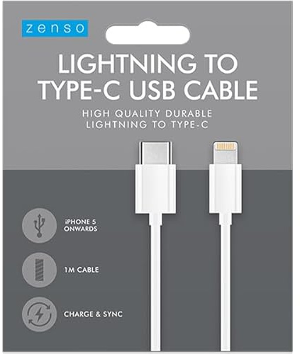 Zenso Lightening to USB C Cable, White, Durable, 1M Length, Smooth Cable for, Charge and Sync Compatible devices | Fast connection compatible devices cord for power transfer data support reliable design for everyday use