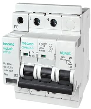 RASMACOR Protezione contro Sovratensioni Transitorie e Permanenti 2P 32A | COMBI-2P32T15 Toscano | Scaricatore di Sovratensione Monofase 240V | IGA 10kA | Imax 15kA | Montaggio su Guida DIN