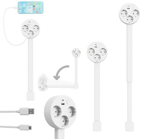 L'extension de prise électrique comprend USB-A, USB-C et 3 rallonges de prise électrique CA pour les espaces difficiles à atteindre, utilisation derrière les canapés, tables de chevet, bureaux, et