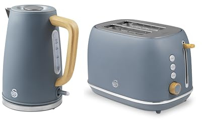 Swan Fjord Kitchen Set, 1.7L Rapid Boil Kettle with Wood Effect Handle and 900W 2-Slice Toaster with 7 Browning Levels, Grey and Wooden Accents, SK19024GRY & ST19030GRY