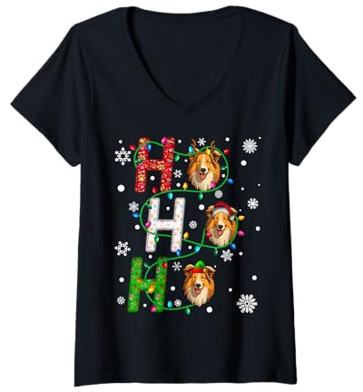 Damen Merry Christmas Santa Rentier Rough Collie Hund Xmas T-Shirt mit V-Ausschnitt