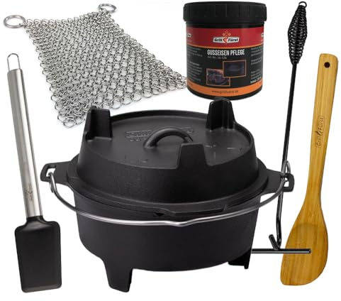 Grillfürst Dutch Oven ca. 4 Liter - stabil stehender Feuertopf durch speziell entwickelte T-Füße, hitzebeständiger Gusseisen Topf, Deckel als Pfanne nutzbar, DO 4