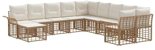 vidaXL Outdoor-Sofagarnitur 11 pcs Natürlich und Cremweiß Polyester, Modernes, wetterfestes Gartensofa-Set, gemütliche Lounge, verstellbare Füße, modulares Design