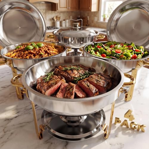 4 Pack Gold Chafing Dish Buffet Set, Round | 5.7L Food Warmer, Food Pans & Lids,18/8 (304) Stainless Steel Chafer for Catering Parties Dinners Weddings Events