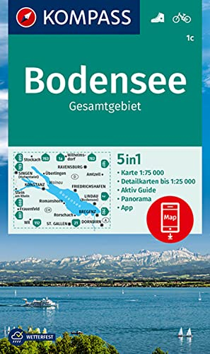 KOMPASS Wanderkarte 1c Bodensee Gesamtgebiet 1:75.000: 5in1 Wanderkarte mit Panorama, Aktiv Guide, Detailkarten und Panorama inklusive Karte zur offline Verwendung in der KOMPASS-App. Fahrradfahren.