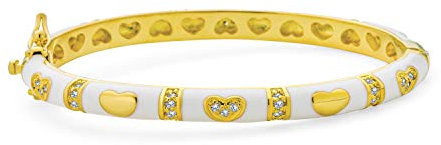 Bling Jewelry Bracciale Bangle Tiny per Le Donne Smalto Bianco Cz Cubic Zirconia Pave Cuori Placcato Oro in Ottone per Polsi Extra Small 5,5 Pollici