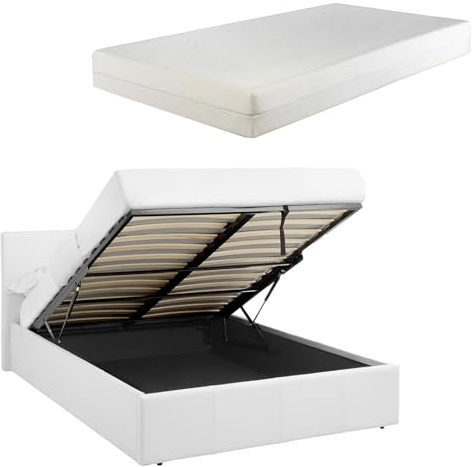 Direct Furniture Suppliers LUNA 4FT6 Double Faux Leather Ottoman Storage Bed Gas Lift Up (H: 88.5cm x W: 153cm x L: 203cm) and 25cm Thick Memory Foam Mattress (White)