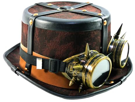 TrendandStylez Steampunk Hut, Einheitsgröße, Braun, mit Brille und Lederriemen, für Karneval, Fasching, Mottofeiern