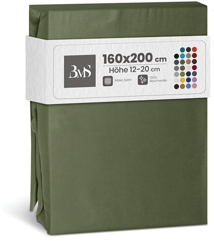 Bettwaesche-mit-Stil Mako Satin Spannbettlaken Spannlaken Spannbetttuch (160 cm x 200 cm, Matratzenhöhe 12-20 cm, Dunkelgrün)