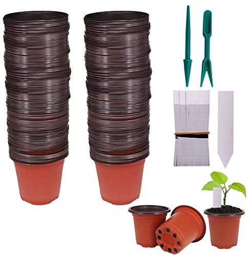 Huvai 100 Pcs 4 (10CM ) Plastic Seedlings Plants Nursery Pots with 100 Pcs Waterproof Plastic Plant Tags and 2Pcs/Set Transplanting Digging Mini Tools