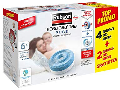 Rubson AÉRO 360 TAB Pure, 6 recharges tabs neutres anti-humidité et anti-odeurs pour déshumidificateur Rubson, purificateur d'air pour lutter contre les allergies, 450 g