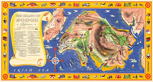 Historische Karte – Eisenbahnkarte der Insel Sodor, wo Thomas die kleine Lokomotive und seine Freunde ihre Abenteuer haben, 1950, Vintage-Wandkunst, 61 x 33 cm