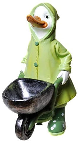 Aspinaworld Gartenfigur, Enten Figur mit Regenmantel und Schubkare, Figur für den Garten, wetterfeste Deko