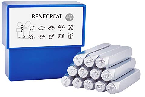BENECREAT 12 Packs (6mm 1/4) Matte Design Metallstempelstanzen mit Werkzeugkoffer für Schmuck Leder Holzstempel, Wetterthema
