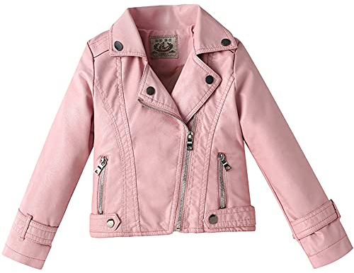 TOKYMOON Kinder Mädchen Jungen Lederjacke Kinderkragen Motorrad Lederimitat Mantel Jungen Kunstleder Jacke Bikerjacke mit Nieten Motorrad Mantel Jungen Bikerjacke Rosa 146-152